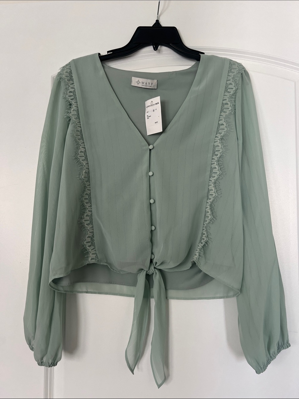 WAYF Sage Green Lace-Trim Tie-Hem Blouse